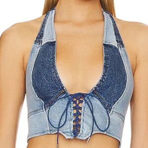 AFRM X revolve Ingrid top Blue Denim Lace-Up Crop Top size Medium